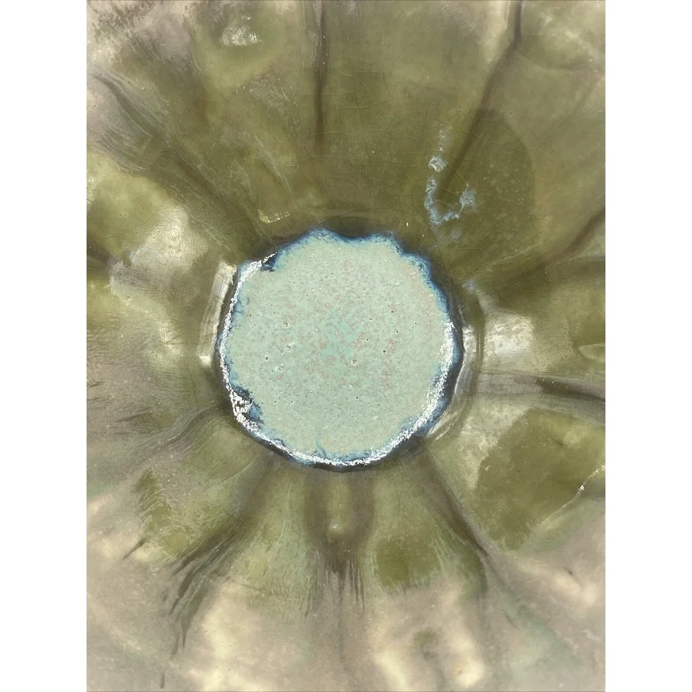 Pigeon River Pottery Bowl Signed Glaze Ruffled Edge Green Veining